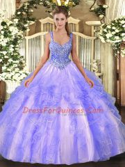 Glittering Straps Sleeveless Quinceanera Dresses Floor Length Beading and Ruffles Lavender Tulle