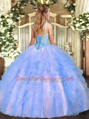 Glittering Straps Sleeveless Quinceanera Dresses Floor Length Beading and Ruffles Lavender Tulle