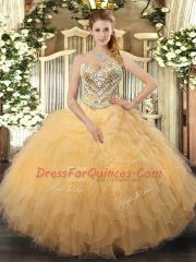 Fitting Tulle Sleeveless Floor Length 15 Quinceanera Dress and Beading and Ruffles