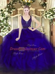 High Class Blue Organza Zipper Sweet 16 Quinceanera Dress Sleeveless Floor Length Beading and Ruffles