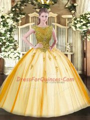 Sexy Gold Tulle Lace Up Scoop Cap Sleeves Floor Length Vestidos de Quinceanera Beading