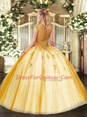 Sexy Gold Tulle Lace Up Scoop Cap Sleeves Floor Length Vestidos de Quinceanera Beading