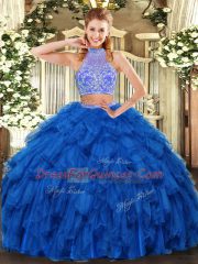 Lovely Royal Blue Sleeveless Beading and Ruffles Floor Length Quinceanera Dresses