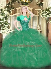 Sleeveless Floor Length Beading and Ruffles Lace Up Sweet 16 Dresses with Turquoise