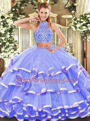 Lavender Two Pieces Beading and Ruffled Layers Quince Ball Gowns Criss Cross Tulle Sleeveless Floor Length