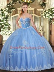 Floor Length Blue Quinceanera Gowns Tulle Sleeveless Beading and Appliques