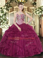 Inexpensive Burgundy Lace Up Sweetheart Beading and Ruffles Quinceanera Dresses Tulle Sleeveless