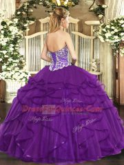 Inexpensive Burgundy Lace Up Sweetheart Beading and Ruffles Quinceanera Dresses Tulle Sleeveless