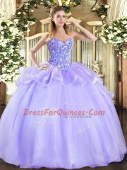 Comfortable Floor Length Lace Up 15 Quinceanera Dress Lavender for Military Ball and Sweet 16 and Quinceanera with Embroidery