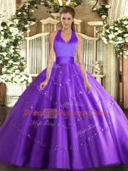 Extravagant Floor Length Purple Sweet 16 Dresses Tulle Sleeveless Appliques