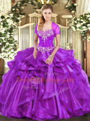 New Style Purple Sleeveless Organza Lace Up Ball Gown Prom Dress for Military Ball and Sweet 16 and Quinceanera