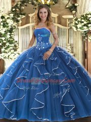 Cute Blue Sleeveless Floor Length Beading and Ruffles Lace Up Quinceanera Dresses