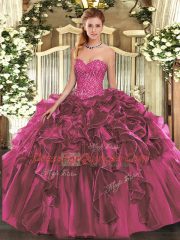 Glittering Burgundy Ball Gowns Organza Sweetheart Sleeveless Beading and Ruffles Floor Length Lace Up Sweet 16 Dress