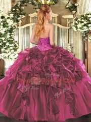 Glittering Burgundy Ball Gowns Organza Sweetheart Sleeveless Beading and Ruffles Floor Length Lace Up Sweet 16 Dress