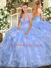 Light Blue Sleeveless Floor Length Appliques and Ruffles Lace Up 15th Birthday Dress