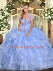Light Blue Sleeveless Floor Length Appliques and Ruffles Lace Up 15th Birthday Dress