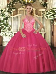 Sleeveless Floor Length Beading Lace Up Quinceanera Dresses with Hot Pink