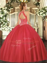 Sleeveless Floor Length Beading Lace Up Quinceanera Dresses with Hot Pink
