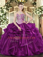 Affordable Fuchsia Lace Up Sweetheart Beading and Ruffles 15th Birthday Dress Organza Sleeveless