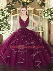 Fuchsia Sleeveless Floor Length Beading and Ruffles Zipper Quinceanera Gown