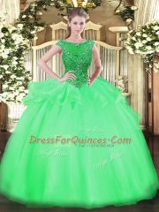 Green Cap Sleeves Beading Floor Length Sweet 16 Dresses