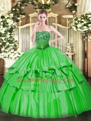 Floor Length Lace Up Quinceanera Dresses Green for Military Ball and Sweet 16 and Quinceanera with Beading and Ruffled Layers