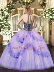 Glittering Pink Tulle Lace Up Sweet 16 Dresses Sleeveless Floor Length Beading and Appliques