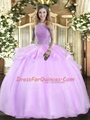 Lilac Organza Lace Up Sweet 16 Quinceanera Dress Sleeveless Floor Length Beading