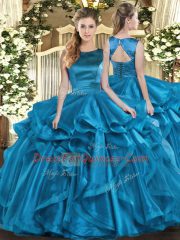 Vintage Floor Length Lace Up 15 Quinceanera Dress Teal for Military Ball and Sweet 16 and Quinceanera with Ruffles