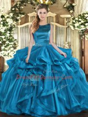 Vintage Floor Length Lace Up 15 Quinceanera Dress Teal for Military Ball and Sweet 16 and Quinceanera with Ruffles