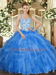 Designer Blue Sleeveless Floor Length Beading and Ruffles Lace Up Vestidos de Quinceanera