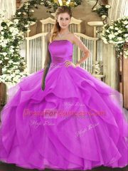 Fuchsia Sleeveless Floor Length Ruffles Lace Up Vestidos de Quinceanera