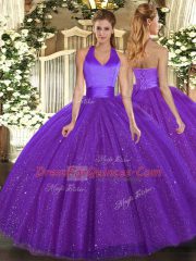 Purple Ball Gowns Sequins 15th Birthday Dress Lace Up Tulle Sleeveless Floor Length