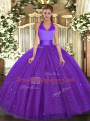 Purple Ball Gowns Sequins 15th Birthday Dress Lace Up Tulle Sleeveless Floor Length