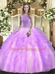Inexpensive Lavender Square Lace Up Beading and Ruffles 15th Birthday Dress Sleeveless