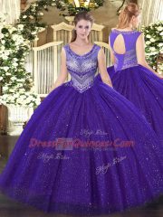 Tulle and Sequined Sleeveless Floor Length Ball Gown Prom Dress and Beading