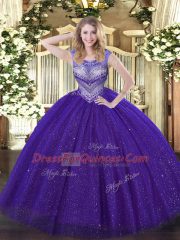 Tulle and Sequined Sleeveless Floor Length Ball Gown Prom Dress and Beading