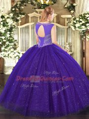 Tulle and Sequined Sleeveless Floor Length Ball Gown Prom Dress and Beading