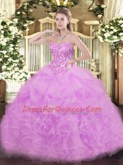 Lilac Organza Lace Up Vestidos de Quinceanera Sleeveless Floor Length Lace and Ruffles and Pick Ups