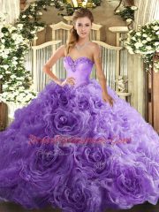 Sleeveless Fabric With Rolling Flowers Floor Length Lace Up Vestidos de Quinceanera in Lavender with Beading
