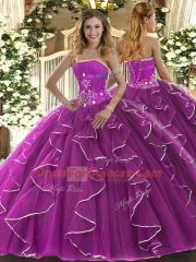 Exquisite Ball Gowns Vestidos de Quinceanera Fuchsia Strapless Tulle Sleeveless Floor Length Lace Up