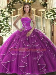 Exquisite Ball Gowns Vestidos de Quinceanera Fuchsia Strapless Tulle Sleeveless Floor Length Lace Up