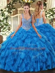 Clearance Organza Straps Sleeveless Lace Up Beading and Ruffles 15th Birthday Dress in Blue