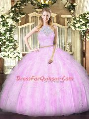 Customized Sleeveless Floor Length Lace and Ruffles Zipper Vestidos de Quinceanera with Lilac