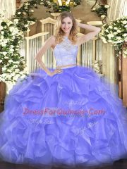 Classical Lavender Scoop Zipper Lace and Ruffles Sweet 16 Dresses Sleeveless