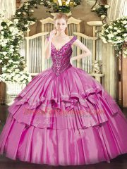 Dazzling V-neck Sleeveless Quinceanera Dress Floor Length Beading and Ruffled Layers Lilac Organza and Taffeta