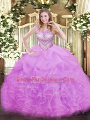 Fine Lilac Organza Lace Up Scoop Sleeveless Floor Length Sweet 16 Dresses Beading and Ruffles and Pick Ups