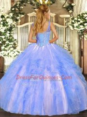 Nice Ball Gowns Sweet 16 Dresses Lilac V-neck Tulle Sleeveless Floor Length Lace Up