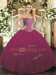 Fine Beading Sweet 16 Dress Fuchsia Lace Up Sleeveless Floor Length