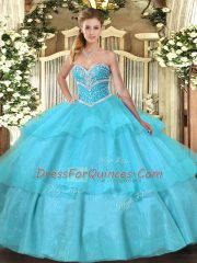 Amazing Aqua Blue Sweetheart Lace Up Beading and Ruffled Layers 15th Birthday Dress Sleeveless